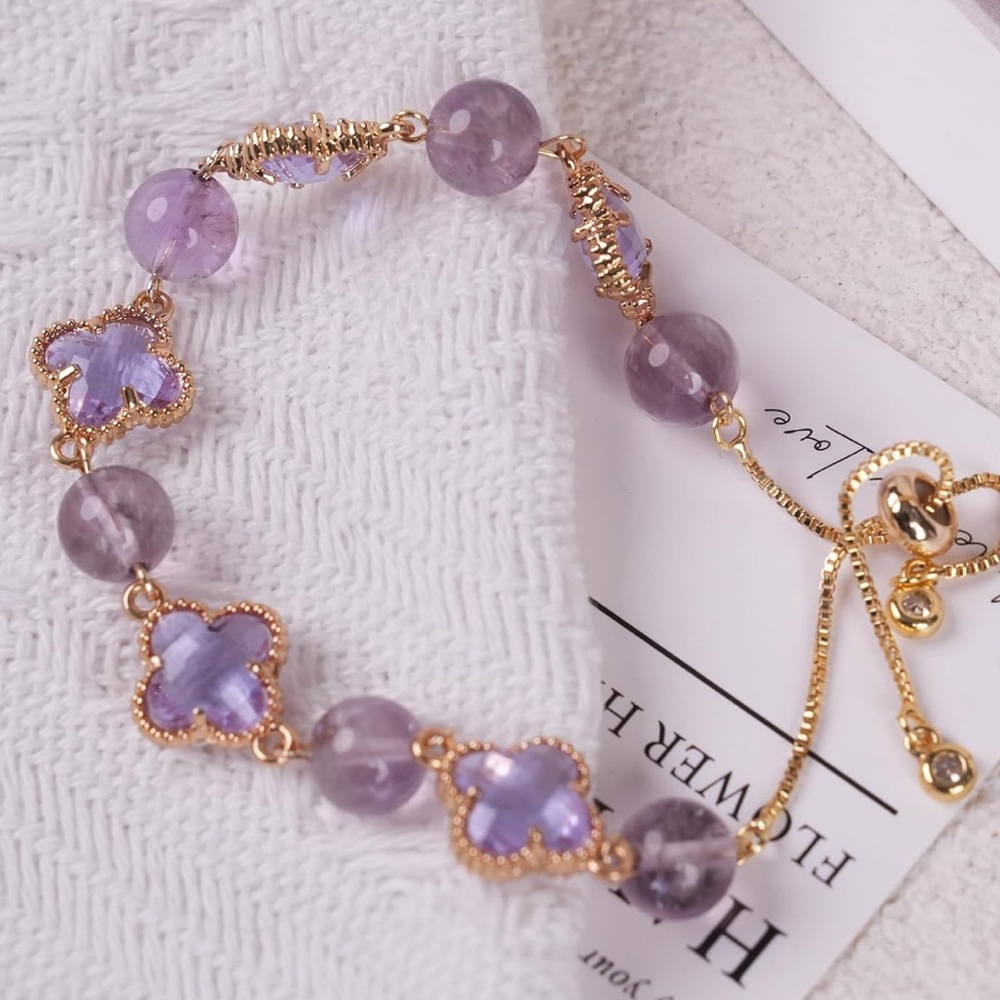🆕New Purple Amethyst Four Leaf Clover Bracelet - Picture 6 of 16